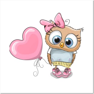 Cute fashionable owl in sneakers with a balloon in the shape of a heart Posters and Art